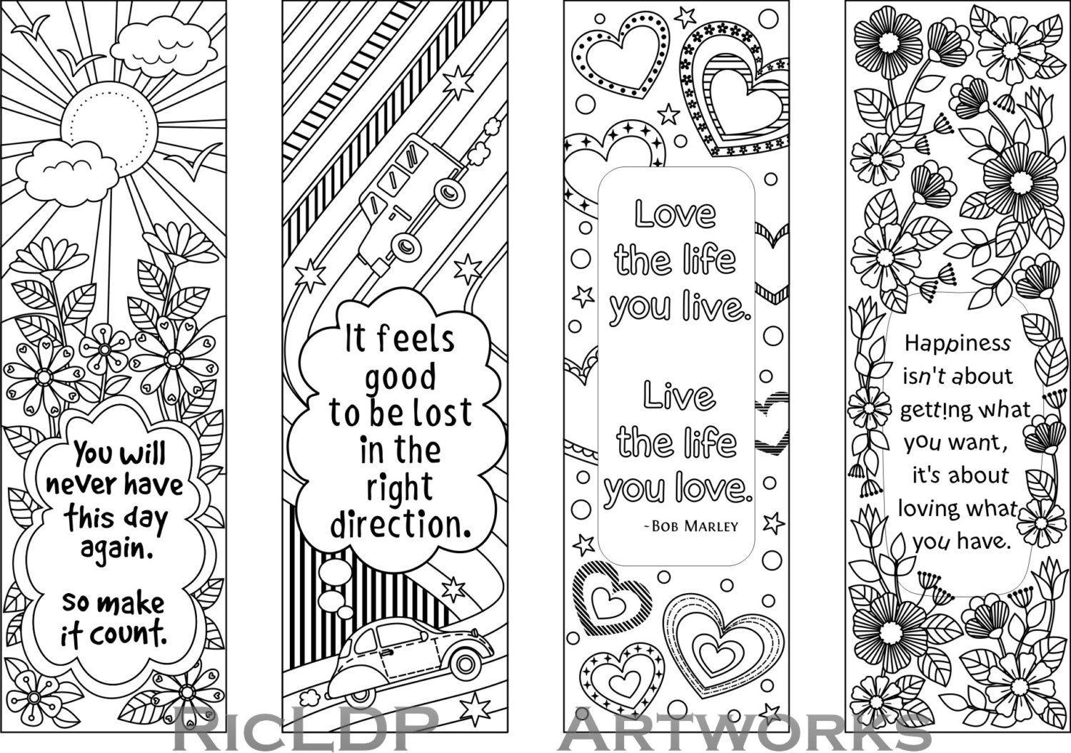 Set Of 4 Coloring Bookmarks With Quotes, Bookmark Templates With - Free Printable Bookmarks To Color