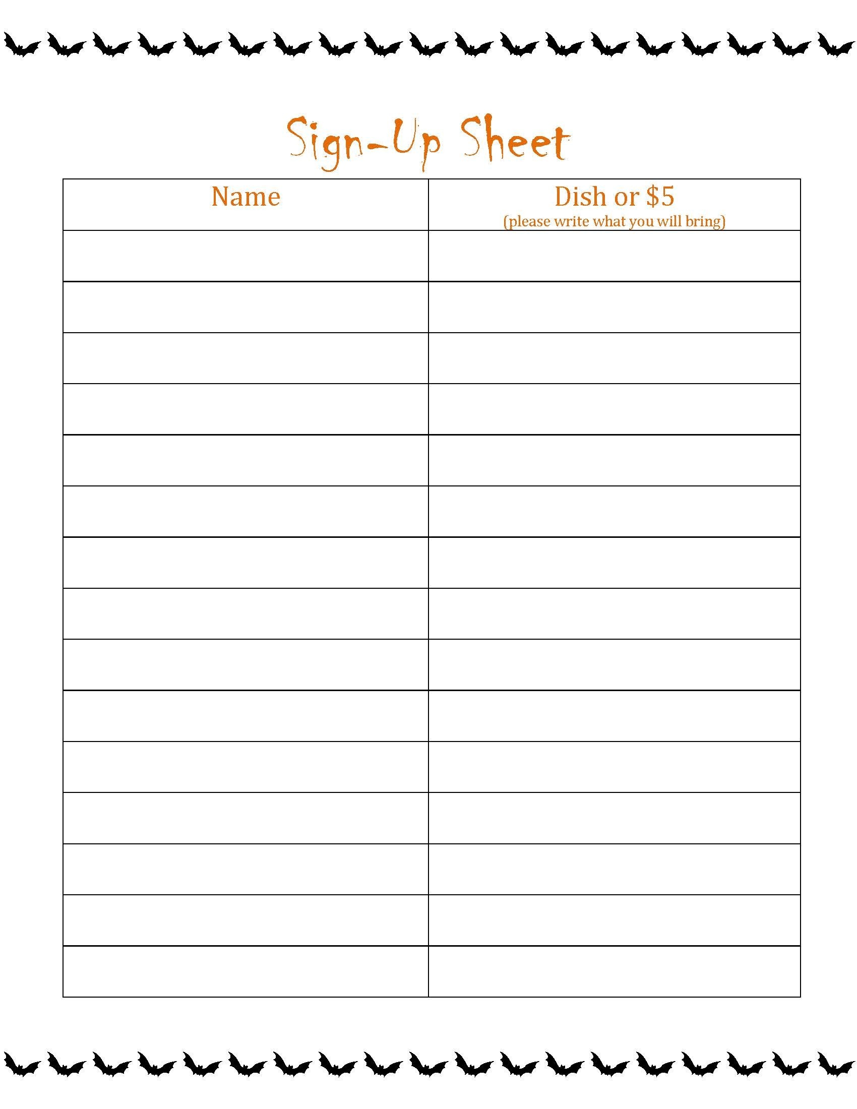 Potluck Sign Up Sheet Free Printable