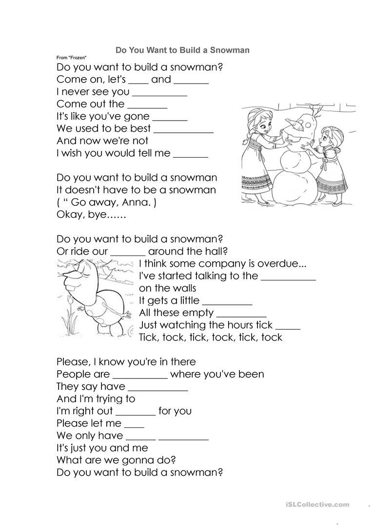 Song Lyrics From Frozen- Do You Want To Build A Snowman? Worksheet - Free Printable Song Lyrics