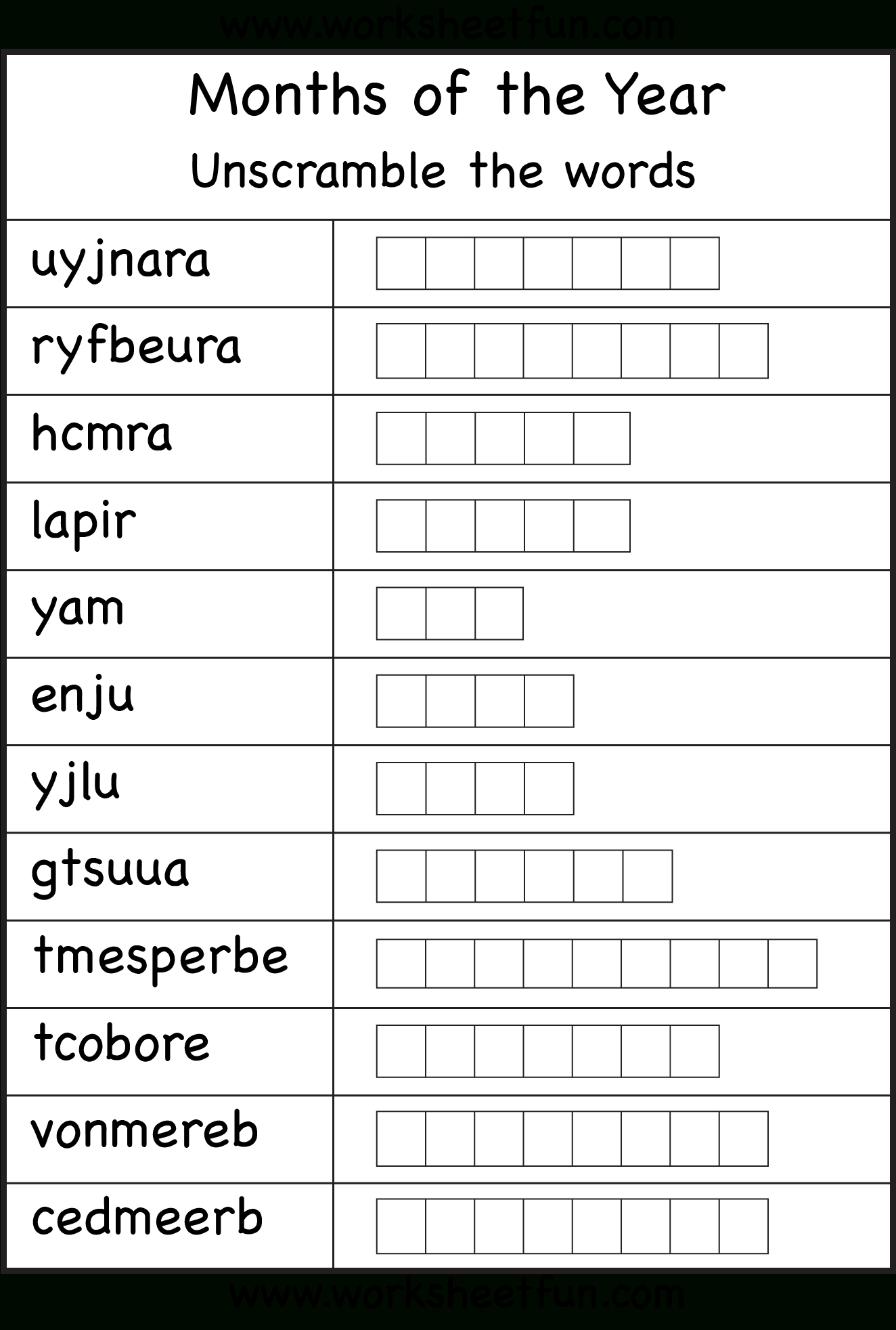 month of the year spelling worksheets