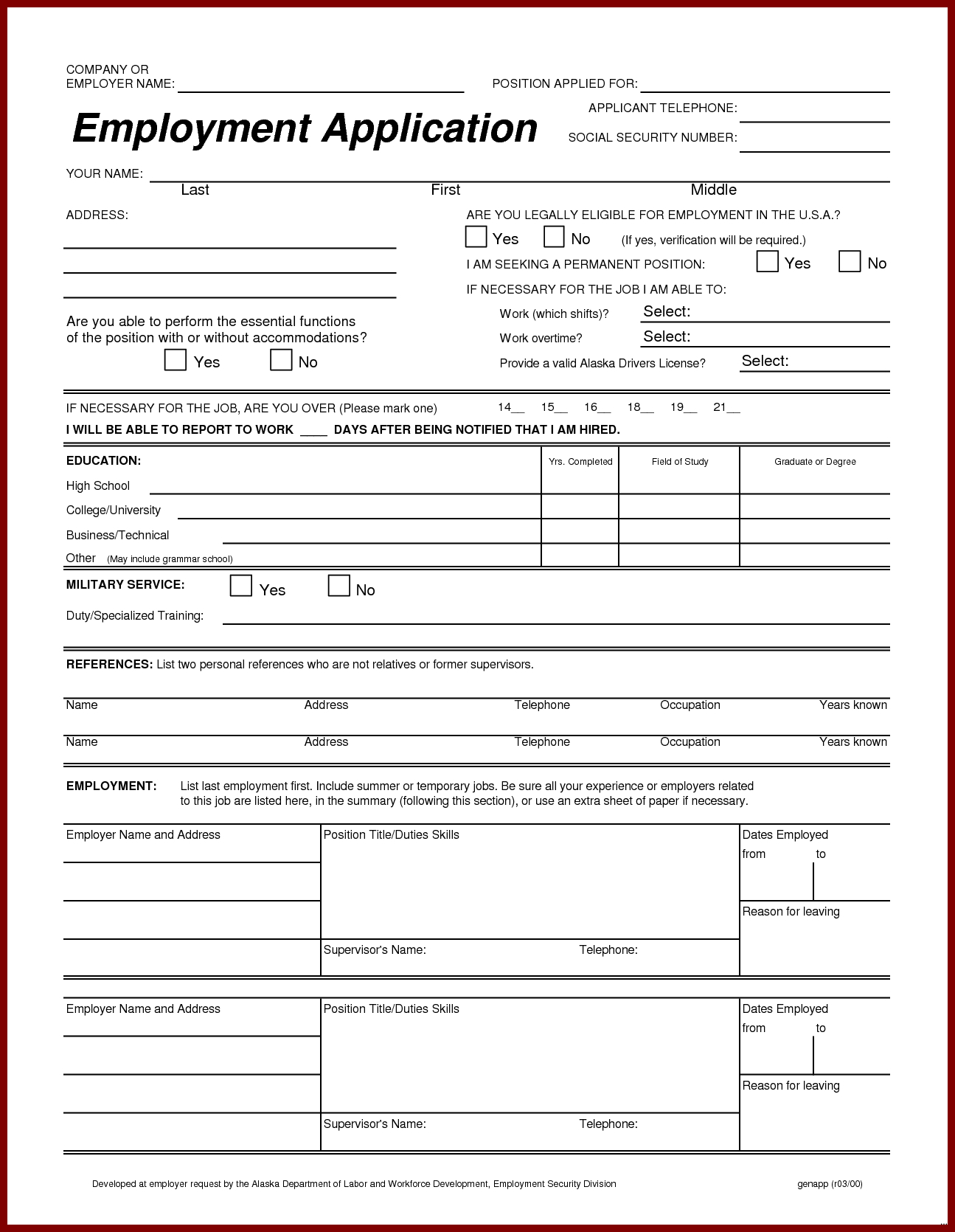 Standard Job Application Form Expert Capture Printable | Employment - Free Printable Job Application