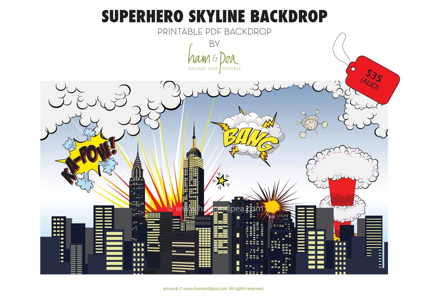 Superhero Skyline Explosion Backdrop (Pdf File) In 2019 | Caden&amp;#039;s - Free Printable Superhero Skyline