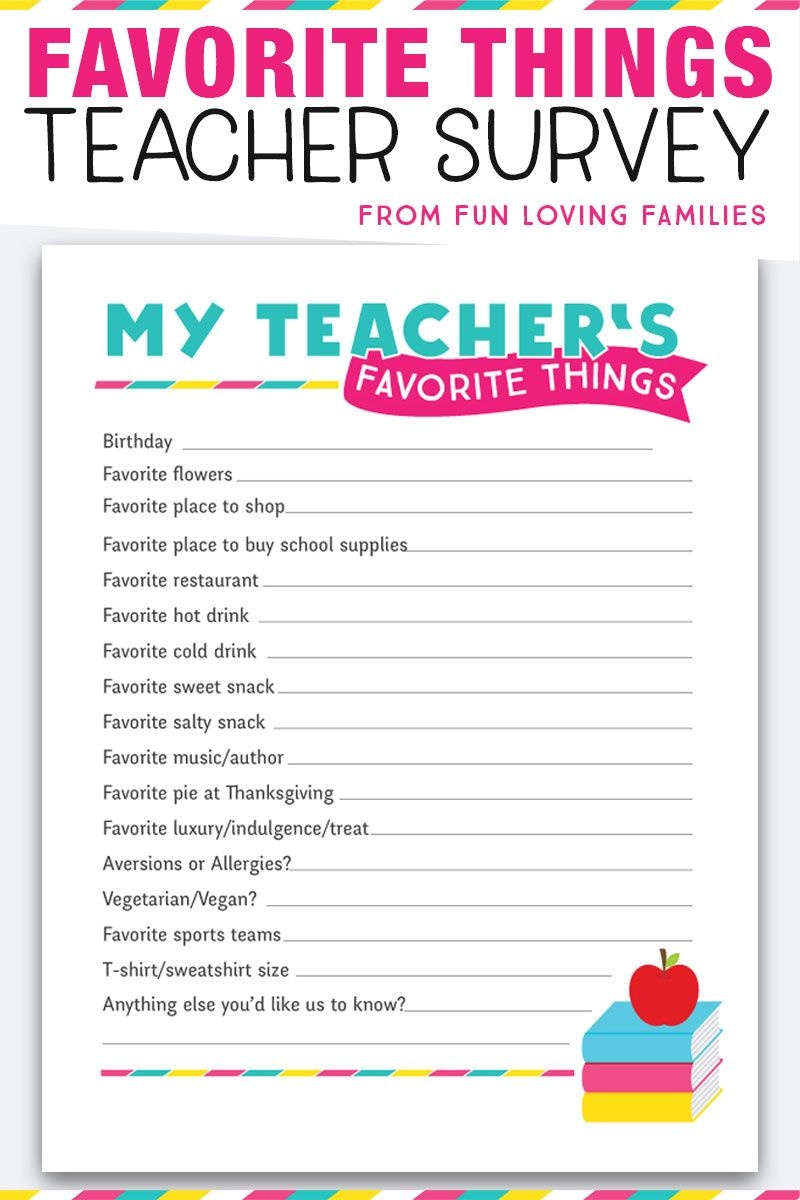 Teacher Favorite Things Printable Questionnaire For Teacher Gifts Free Printable Survey