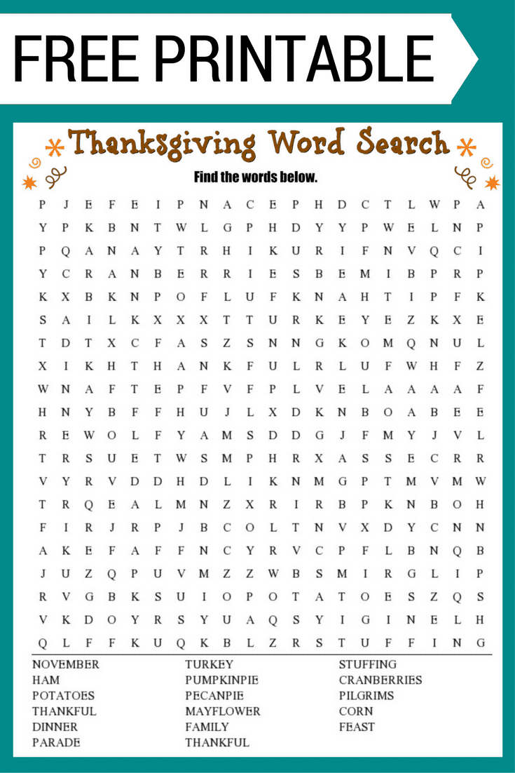 Thanksgiving Word Search Free Printable Worksheet - Free Printable Word Searches For Adults
