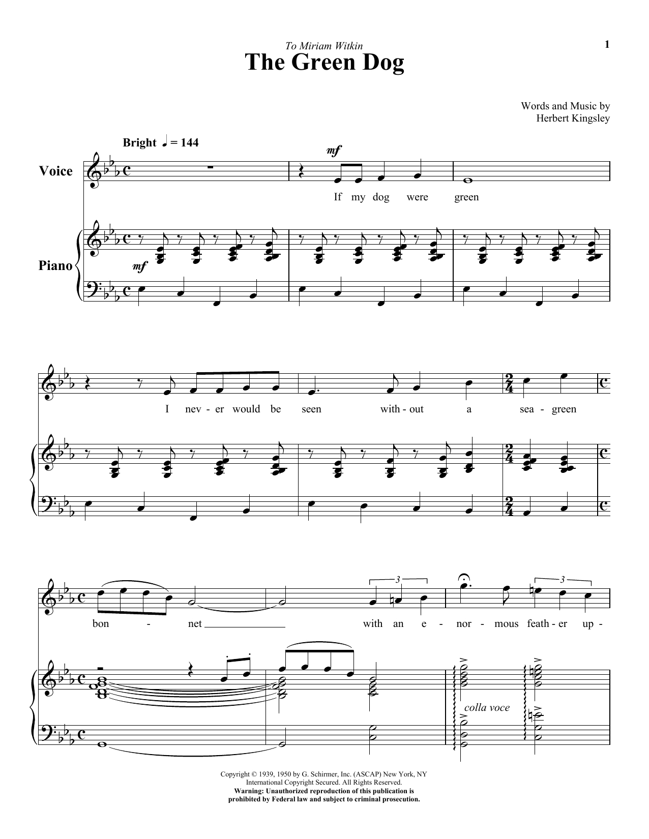 The Green Dog Sheet Music | Herbert Kingsley | Piano &amp; Vocal - Free Printable Sheet Music For Voice And Piano