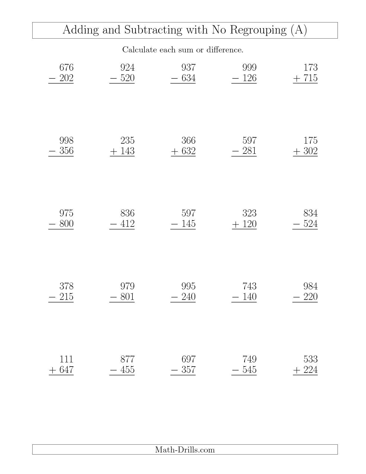 The Mixed Addition And Subtraction Of Three Digit Numbers With No - Free Printable Mixed Addition And Subtraction Worksheets