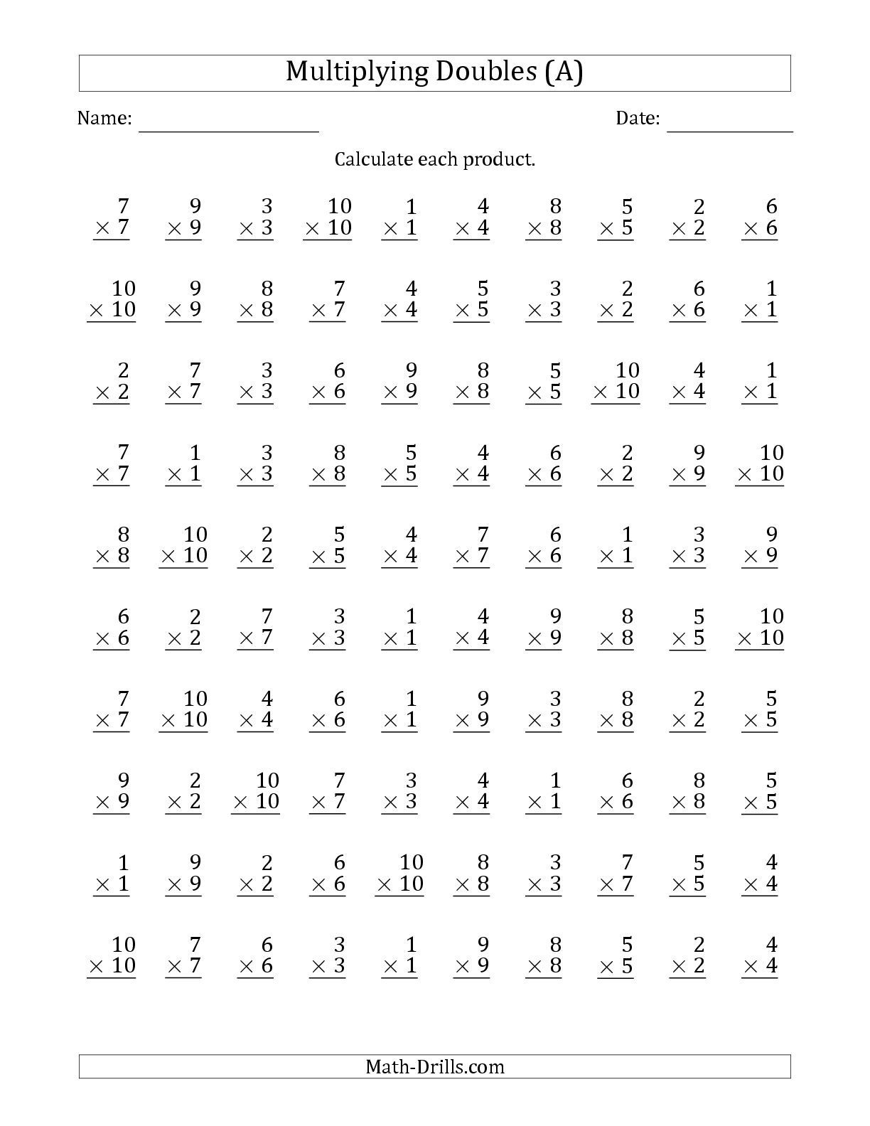 The Multiplying Doubles From 1 To 10 With 100 Questions Per Page (A - Free Printable Multiplication Worksheets 100 Problems