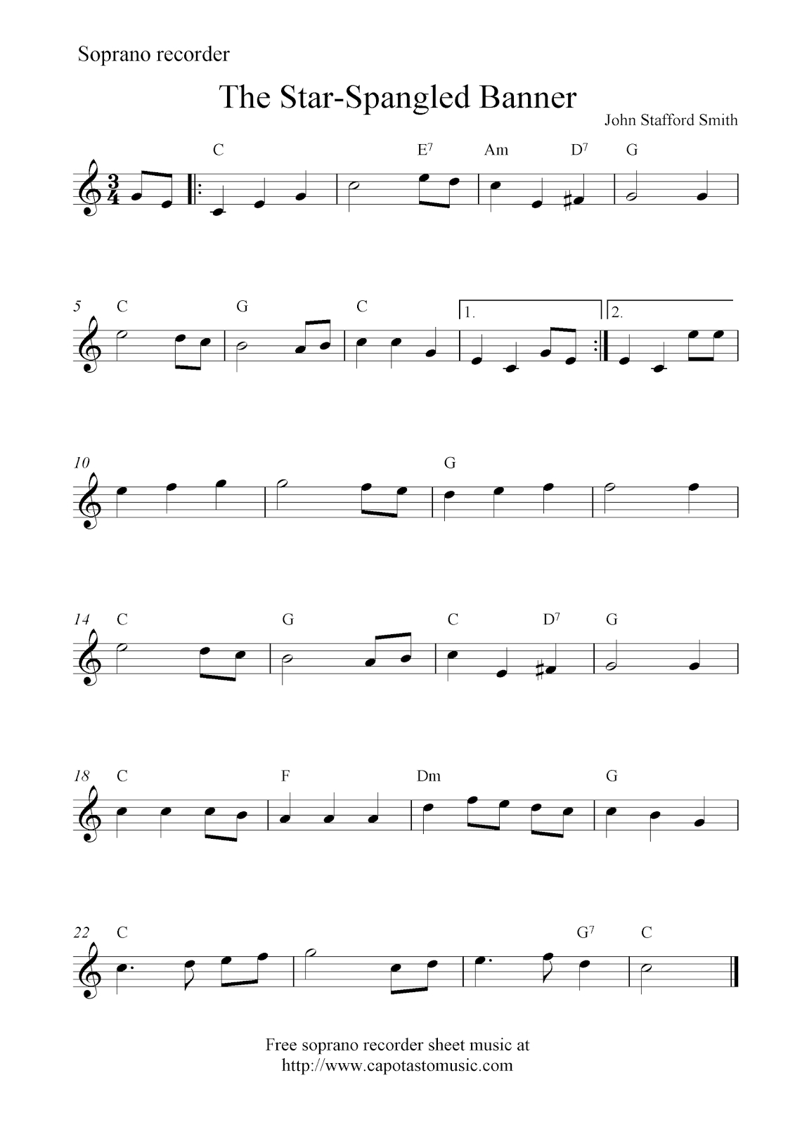 The Star-Spangled Banner, Free Soprano Recorder Sheet Music Notes - Free Printable Recorder Sheet Music For Beginners