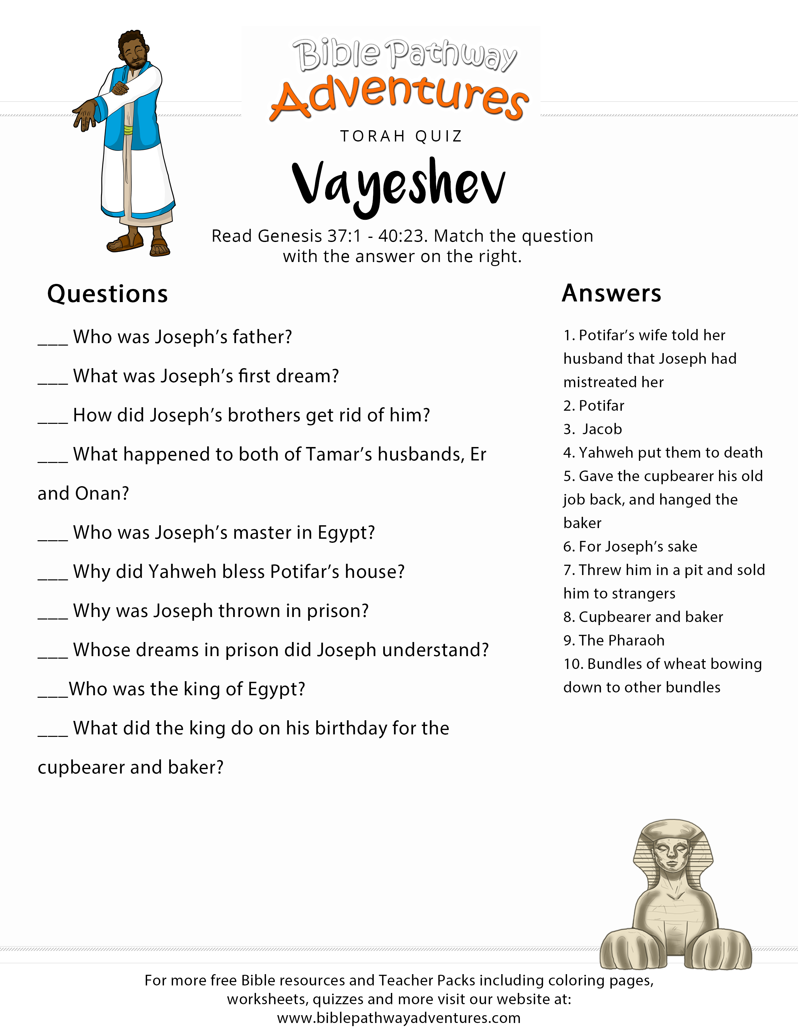 Torah Portion Quiz: Vayeshev (Genesis 37:1-40:23) | Childrens Bible - Free Printable Bible Study Lessons With Questions And Answers